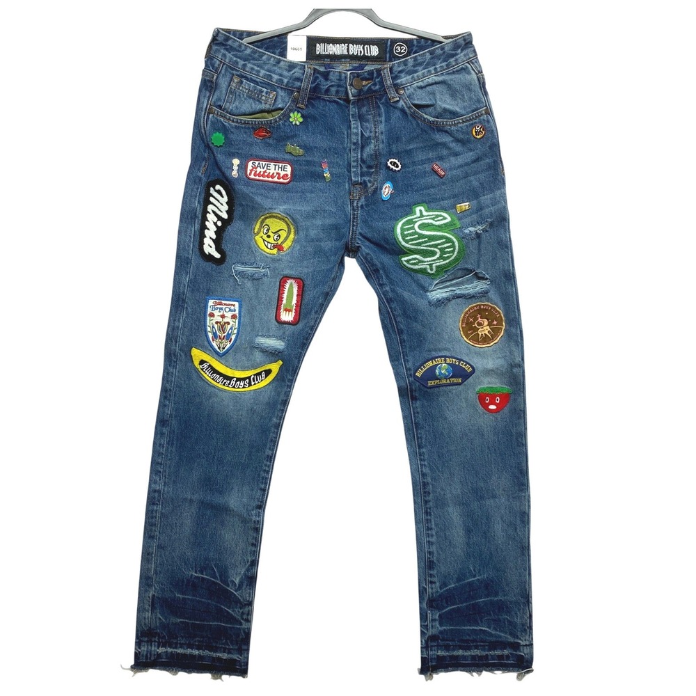 Billionaire Boys Club Echo Jeans Mens Size 32 Blue BBC Patch Distressed Denim
